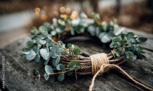 A rustic wreath made of eucalyptus leaves and twigs, tied with a jute rope, rests on a wooden surface with bokeh lights in the background.
