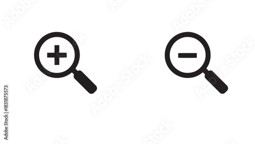 Two simple black outline icons representing zoom in and zoom out functions isolated on white background