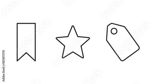 Three hand drawn outline icons representing a bookmark ribbon a star shape and a price tag isolated on white background