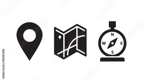 Collection of navigation icons including a map pin folded map and compass isolated on white background