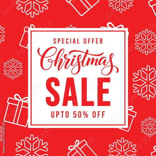 Festive red Christmas sale banner with circular badge, gift box line icons and snowflake pattern, promotional holiday background template for winter retail discounts and special offers, up to 50 perce
