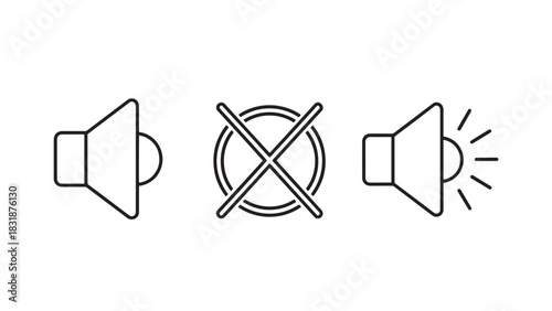 Three simple line art icons representing sound volume levels from low to high isolated on white background