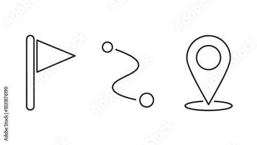 Simple line art icons representing navigation destination route and location pin isolated on white background
