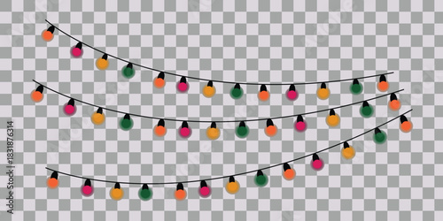 String of Christmas lights in vector clipart style with colorful bulbs overlay style. PNG illustration for festive decor, borders, cards, or holiday design with transparent background.