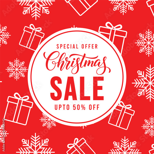 Festive red Christmas sale banner with circular badge, gift box line icons and snowflake pattern, promotional holiday background template for winter retail discounts and special offers, up to 50 perce