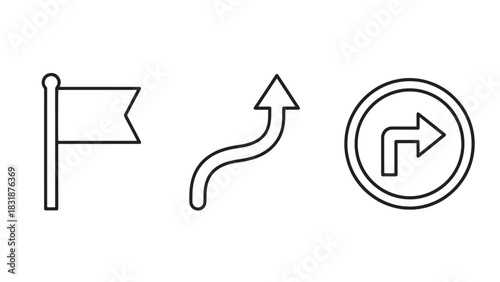 Three simple line art icons representing a flag a curved arrow and a turn right road sign isolated on white background