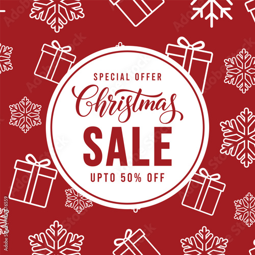 Festive red Christmas sale banner with circular badge, gift box line icons and snowflake pattern, promotional holiday background template for winter retail discounts and special offers, up to 50 perce
