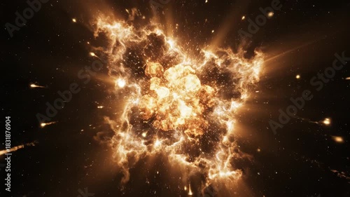 Intense orange explosion in dark space with glowing meteor shower or projectile impact effect and lens flare