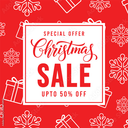 Festive red Christmas sale banner with circular badge, gift box line icons and snowflake pattern, promotional holiday background template for winter retail discounts and special offers, up to 50 perce