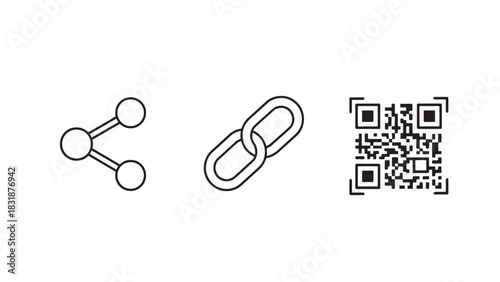Three simple line art icons representing sharing linking and qr code scanning isolated on white background