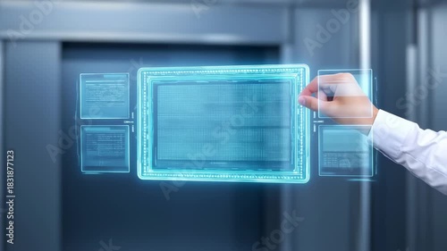Futuristic interface, hand interacting with glowing, transparent holographic screens. Digital, modern tech concept