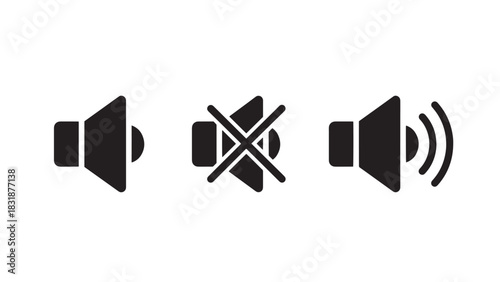 Three black speaker icons representing volume up volume down and mute isolated on white background