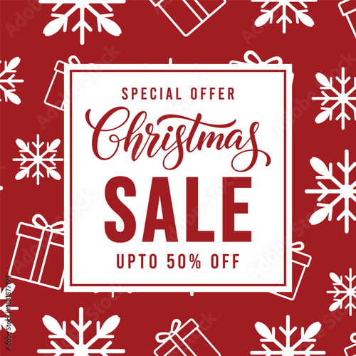 Festive red Christmas sale banner with circular badge, gift box line icons and snowflake pattern, promotional holiday background template for winter retail discounts and special offers, up to 50 perce