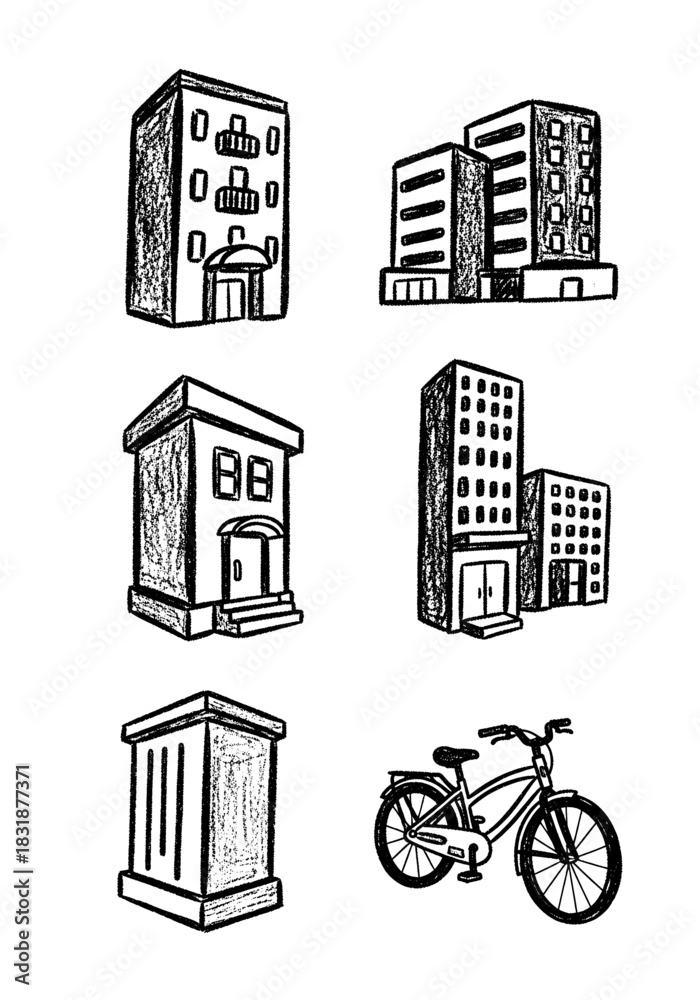 Obraz premium Hand Drawn Building and Bicycle Icon Set in Sketch Style