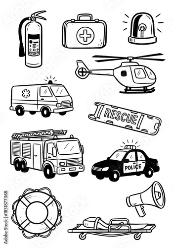 Hand Drawn Emergency Services and First Responders Doodle Icon Set