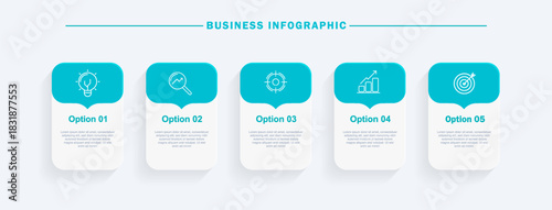 Modern clean business infographic timeline with 5 steps and icons. Designed in a minimalist corporate style with blue tones, suitable for workflow processes, business presentations, reports, banners, 