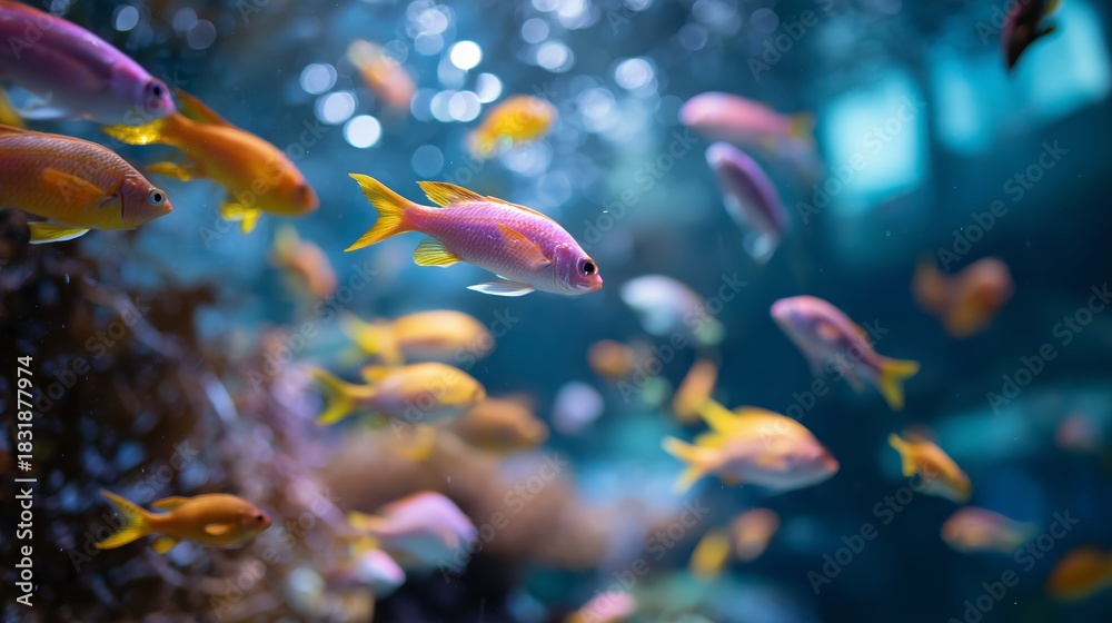Fototapeta premium Colorful fish swimming in a vibrant aquarium during a bright day