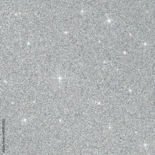 Glitter silver sparkle background. Abstract texture for festive holiday celebration cards, party invitations, luxury packaging and social media designs.