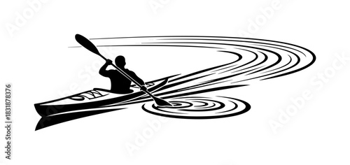 Kayaker silhouette paddling powerfully, creating dynamic water ripples