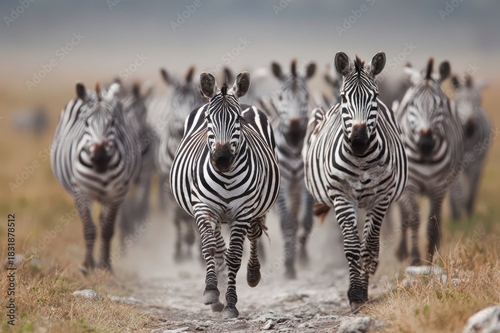 Obraz premium Dynamic Zebras on the Move: A Colorful Herd Crossing the African Plain