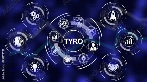 TYRO business strategy infographic with icons for innovation growth and teamwork on a digital background
