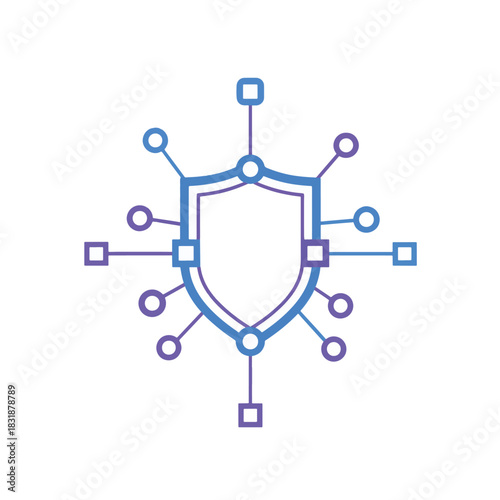 Cyber security shield icon with connected network nodes gradient line art representing data protection