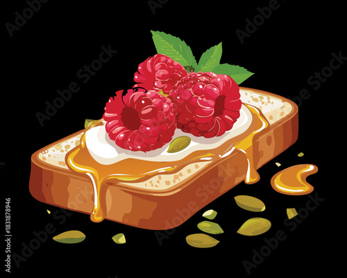Fresh raspberry and honey toast snack with mint garnish on a dark rustic wooden board - Vector Illustration