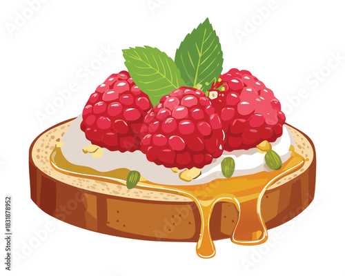 Sweet raspberry bruschetta with white cream and honey syrup on a golden brown toasted bread - Vector Illustration