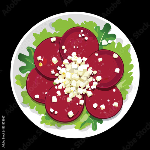 Sliced beetroot salad with white cheese garnish and arugula leaves on a dark circular plate - Vector Illustration