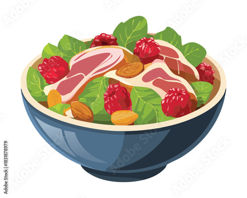 Gourmet berry and prosciutto salad bowl with mixed greens and crunchy almonds - Vector Illustration