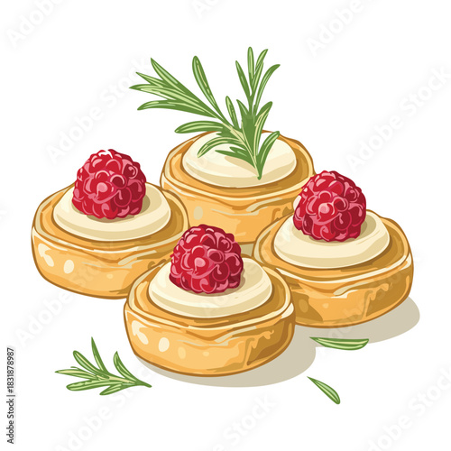 Delicious raspberry custard tarts garnished with fresh rosemary on a light background - Vector Illustration