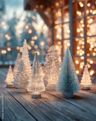 A cozy winter scene with glowing glass Christmas trees on a wooden porch, surrounded by warm lights and a snowy background.