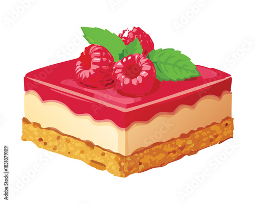 Freshly baked raspberry cheesecake bar with graham cracker crust and green mint leaf garnish