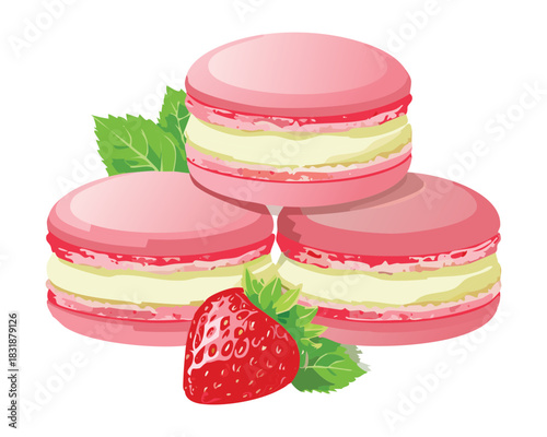 Gourmet strawberry macarons with white cream filling and fresh strawberry garnish on a light background