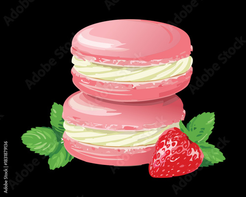 Stack of pink strawberry macarons with creamy filling and fresh berry garnish on a dark background