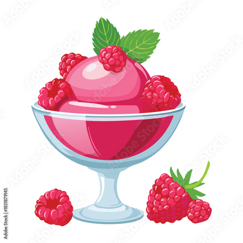 Fresh raspberry ice cream scoop in a crystal glass bowl garnished with mint and whole berries