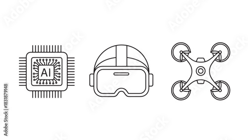 Outline icons representing artificial intelligence chip virtual reality headset and drone isolated on white background