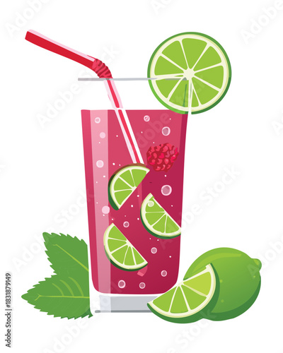 Iced berry juice with fresh lime and mint garnish served in a glass with a red straw