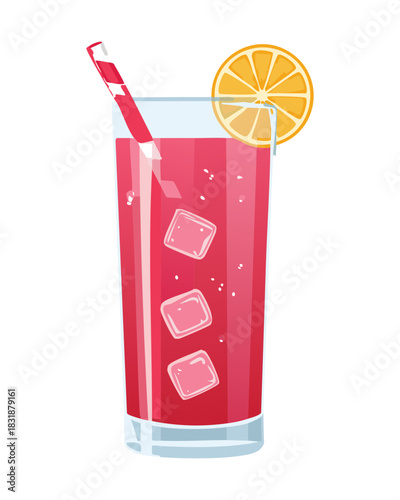 Iced pink berry drink featuring a fresh orange slice and striped straw for a cool summer beverage