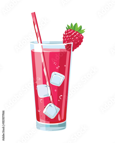 Refreshing raspberry lemonade with ice cubes and fresh berry garnish in a tall glass with a straw
