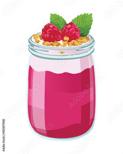 Raspberry yogurt parfait in a glass jar with granola topping and fresh berries for healthy morning meal