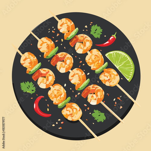 Roasted shrimp kabobs with lime wedges and cilantro garnish on a dark plate for seafood dinner party