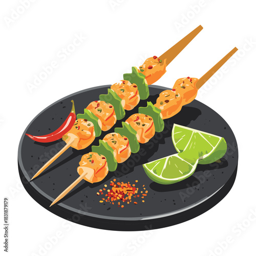 Grilled shrimp and lime skewers served on a black ceramic plate with red chili and herb garnish
