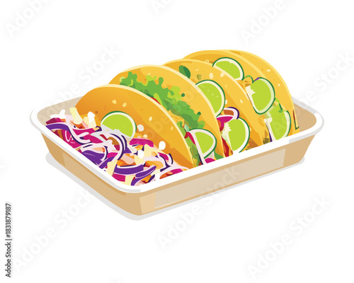 Set of three tacos with fresh salad and lime wedges presented in a white serving tray dish