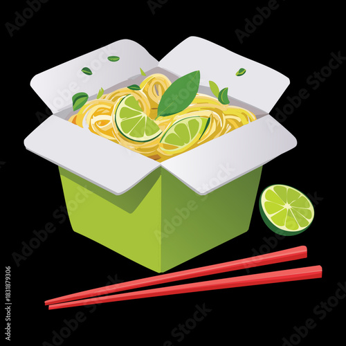 Takeaway noodle box with green garnish and lime slices including red chopsticks on black background - Vector Illustration