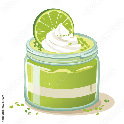 Glass jar filled with lime mousse and whipped cream garnish for a refreshing citrus treat - Vector Illustration