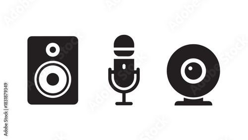 Three black icons representing audio and video equipment including a speaker microphone and webcam isolated on white background
