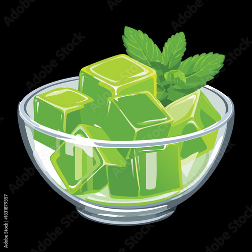Glass bowl filled with green gelatin cubes and mint leaves on a dark elegant surface background - Vector Illustration