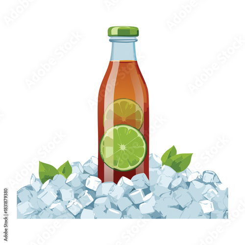 Refreshing glass bottle of iced tea with lime slices served on a bed of crushed ice cubes - Vector Illustration