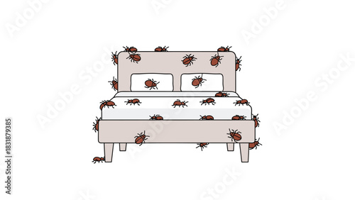 Illustration of cartoon bed covered with pests for pest control, health, and home safety concerns